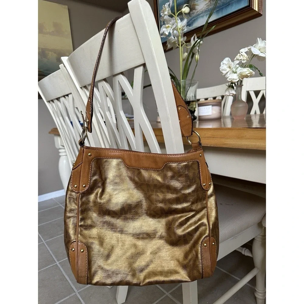 Y2K Michael‎ Kors Gold MK signature logo hobo shoulder bag purse studs Rare